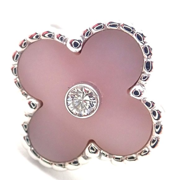 Authentic Van Cleef & Arpels Alhambra 18k White Gold Pink Opal Diamond Ring Cert - Picture 2 of 10
